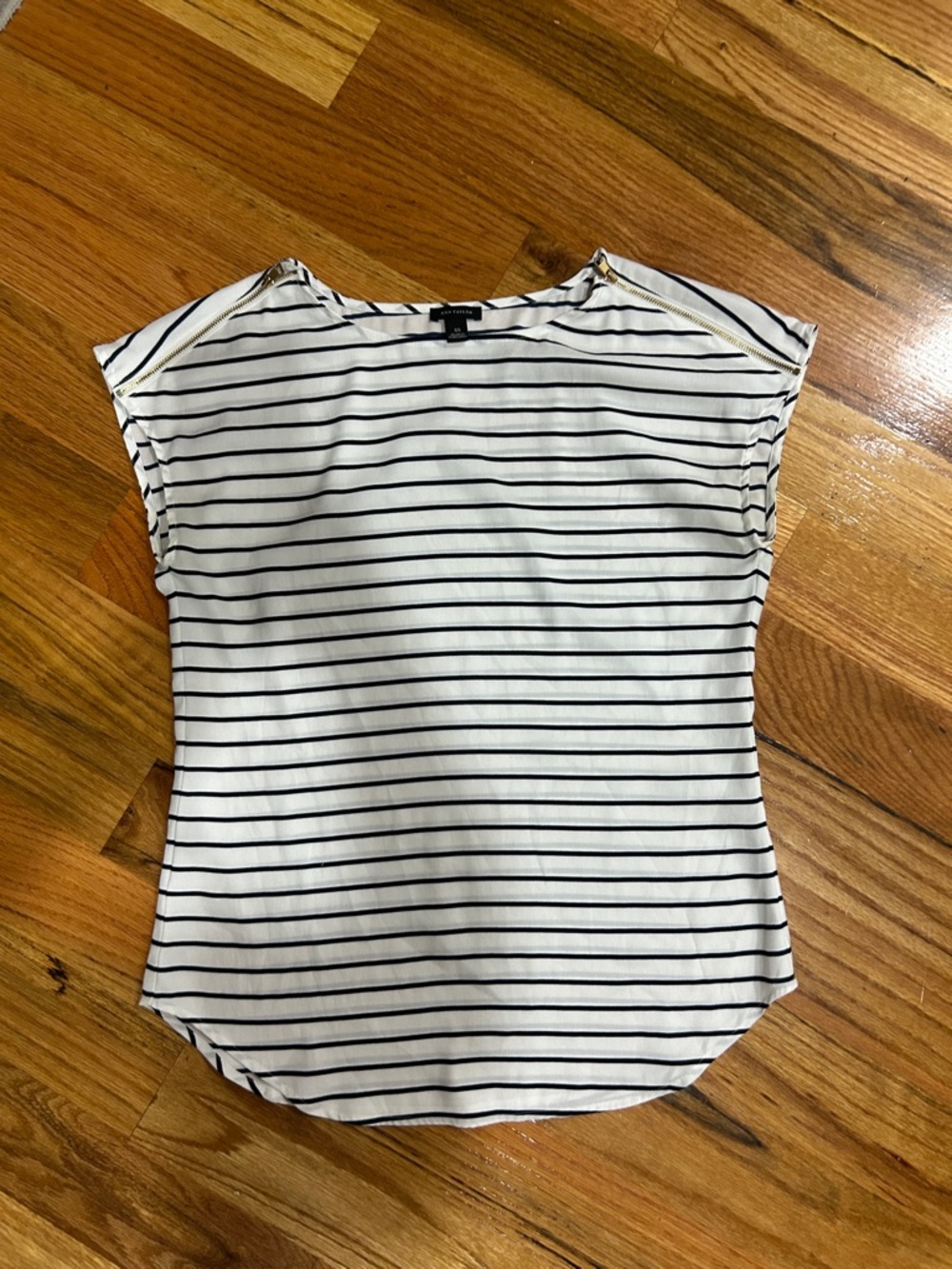 Ann Taylor White and Navy Striped Cap-Sleeve  blouse